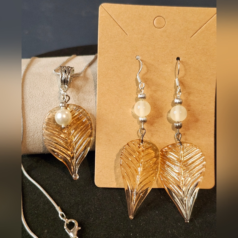 Silver and Amber Glass Leaves Earrings and Necklace